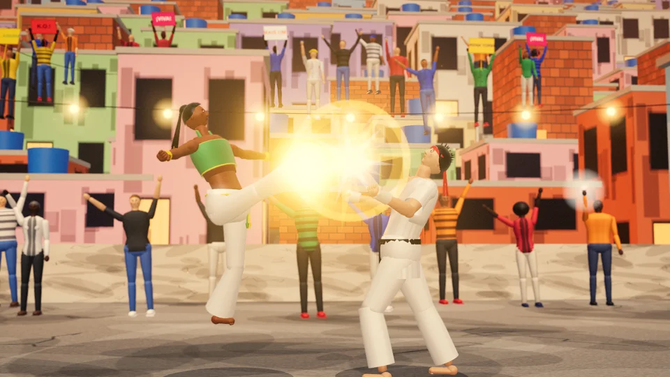 Numa laje de favela ao pôr do sol, a capoeirista Jussara acerta um chute alto no rosto do karateca Kenji, de quimono branco e faixa vermelha na testa, com um clarão dourado no impacto, enquanto a plateia vibra de braços erguidos nos telhados das casas coloridas.