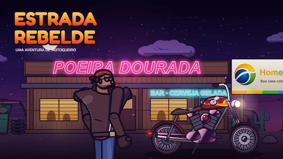 Motoqueiro de jaqueta de couro numa moto vermelha diante do bar Poeira Dourada à noite, com letreiro de neon rosa, jukebox colorida, garçonete e caminhoneiro na varanda e um outdoor da HomeBrasil sob o céu estrelado do deserto.