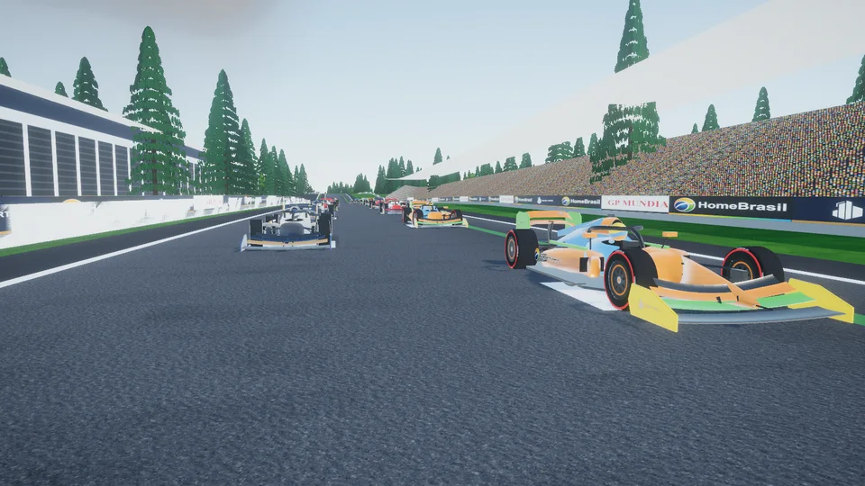 Grid de largada em Monza com o carro laranja da HomeBrasil na pole, o carro azul da Pedra Forte ao lado e placas das duas marcas no muro