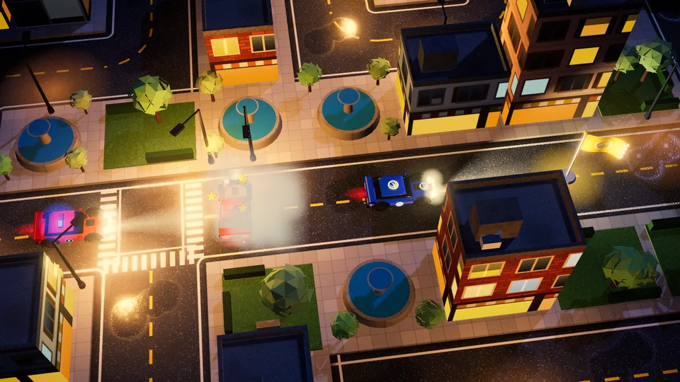 Cidade em miniatura vista de cima à noite: um carrinho azul com o símbolo HomeBrasil corre por uma rua molhada rumo a uma bandeira amarela, enquanto um carro vermelho fica tonto numa nuvem de fumaça e outro vem logo atrás, entre prédios de janelas acesas, chafarizes e postes.